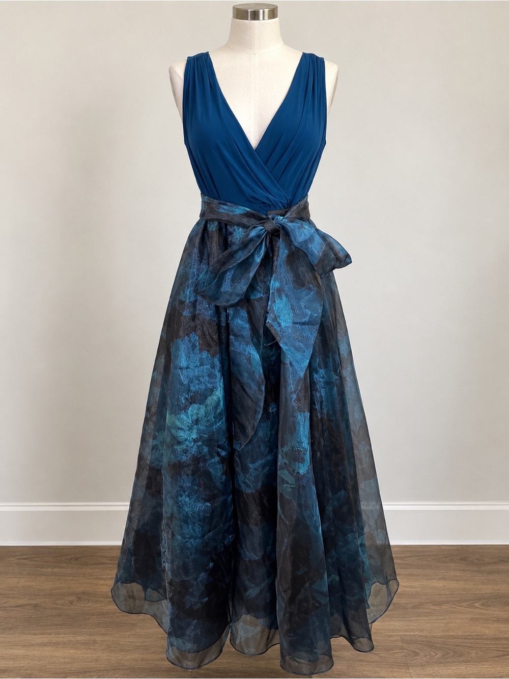 Eliza J Deep Blue Floral Organza Wrap Maxi Dress with Bow